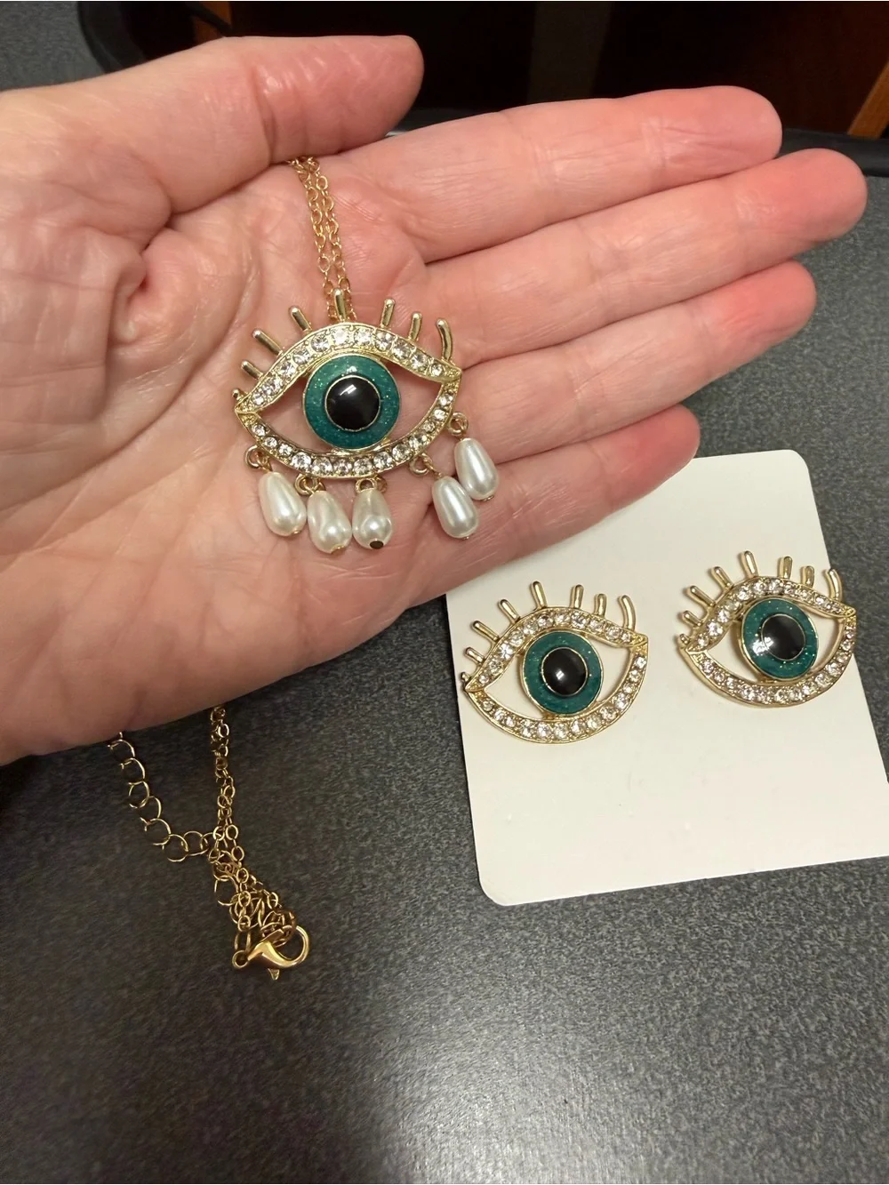 Gold-Tone Teal Green Evil Eye Necklace & Earrings Set with Pearl Drops
